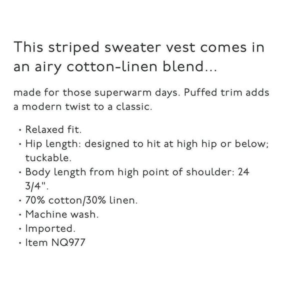 MADEWELL Sweater Vest Women M Puff-Trim Cotton Linen Pullover NEW Stripe NQ977 - Picture 3 of 14